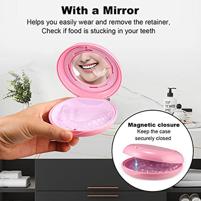 Retainer Case, Slim Aligner Case with Adjustable Vent Holes and Mirror, Compatible with Invisalign, Night Guard and Mouth Guard, Premium Retainer Case, With Aligner Remover Tool, Chew & Brush, Pink | Portable for Travel-with Vent Holes, Secure Magnetic Cl