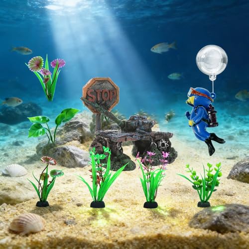 Fish Aquarium Decor Kit, Betta Hideout for Fish Tank - 6 Styles Options | Resin Sunken Tank Ornament, Betta Fish Hideout Cave, 6 Artificial Aquatic Plants, 40+ Seashells & 1 Floating Diver