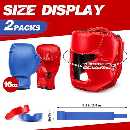 Kanayu 14 Pcs Boxing Gloves and Headgear Set for Beginners Youth 16 Ounce Boxing Gloves Headgear Helmet Hand Wraps Mouth Guards Equipment for Beginners Training Equipment Gifts - color: Red, Blue
