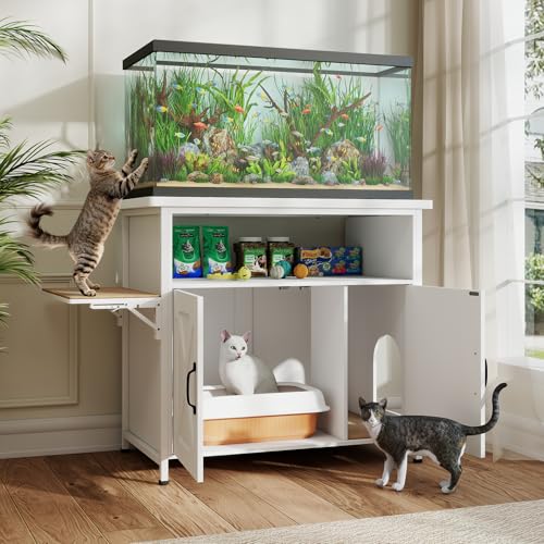40-50 Gallon Fish Tank Stand with Hidden Cat Litter Box Enclosure Furniture, Cat Viewing Aquarium Stand with Storage Shelf & Side Cat Perch, 36.2"x20.5" Tabletop, 660 LBS Capacity