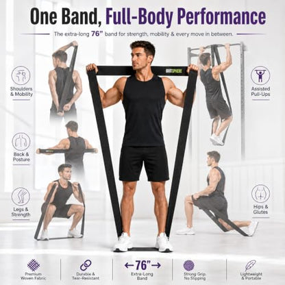 76-Inch Long Fabric Resistance Band Extended Heavy Duty Resistance Band - color: Black