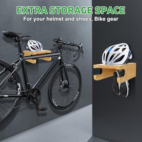 Wooden Bike Wall Mount Rack with Shelf and Hooks, Bike Hanger Wall Mount
