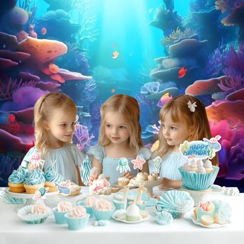 Under The Sea Backdrop 10x8ft Underwater Ocean Seabed Photo Backdrop Mermaid Backdrop for Girls Baby Shower Birthday Party Banner Decorations Fish Coral Deep Sea Photography Background