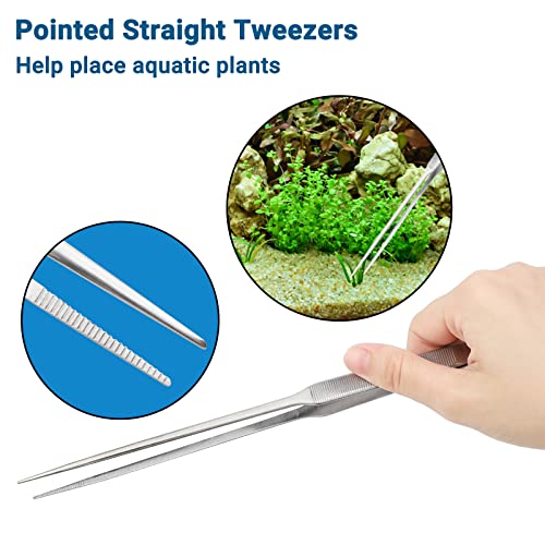 Segarty Aquarium Aquascaping Tools, 6 in 1 Stainless Steel Silver Aquascaping Tools Kit for Aquatic Plant Fish Tank, Long Scrapers Spatula Feeding Tweezers Curved Straight Scissors Aquarium Tools