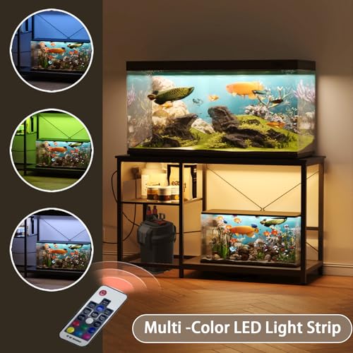 55-75 Gallon Fish Tank Stand with Power Outlet & LED Light, Metal Aquarium Stand with 3 Tier Adjustable Storage Shelves, for Reptile & Turtle Tank, 52" L*19.5" W, Black