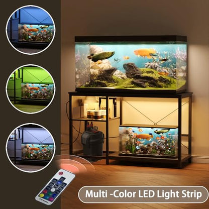 55-75 Gallon Fish Tank Stand with Power Outlet & LED Light, Metal Aquarium Stand with 3 Tier Adjustable Storage Shelves, for Reptile & Turtle Tank, 52" L*19.5" W, Black