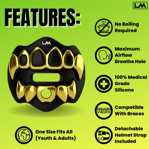 Loudmouth Football Mouth Guard - 3D Chrome Grillz Football Mouthpiece, Fits Adult & Youth, Mouth Guard Accessories (3D Grillz - Chrome Black/Gold) - color: 3d Grillz - Chrome Black/Gold
