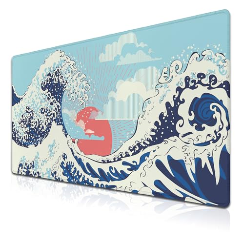 Extra Large Mouse Pad Blue XXL Mousepad, Big Mouse Pads Office Desk Mats, Desk Pad Mat Waterproof Non-Slip Rubber Base, 35.4 X 15.7 inch for Work/Game/Office/Home Japanese Great Wave Art - color: Japanese Great Wave Art