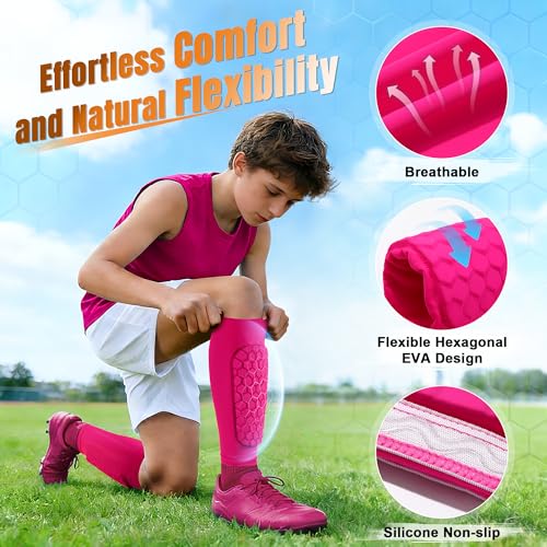 XZQTIVE Soccer Shin Guards Shin Defender for Kids Youth Adult, Ski Shin Guard Calf Compression Sleeve with Honeycomb Shin Pads - color: hot pink, size: Large