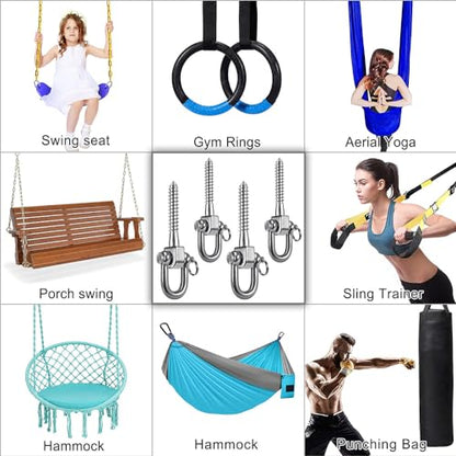 SELEWARE 4 Pack Swing Hangers Swing Set Hooks Stainless Steel Hammock Hooks | Heavy Duty Swing Mount for Porch Swing, Hammock Chair, Heavy Bag, Yoga Silk, Suspension Straps, Gymnastics Rings - color: Stainless 4 Pack Swing Hooks