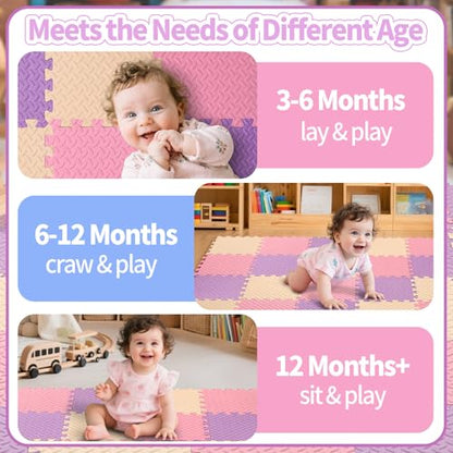 Foam Play Mat, EVA Non-Toxic Interlocking Floor Mats | Tamiplay, ASTM & CPSIA Passed, 11.8 x 11.8″, 0.4″ thick, Non-slip & Waterproof, Easy to clean, Easy Assemble - color: Pink/Beige/Purple, size: 36 Pcs/70.8*70.8