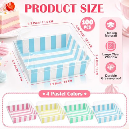 100 Pcs 5 Inch Small Charcuterie Boxes with Clear Lids Cake Slice Containers Striped Paper Bakery Boxes Disposable Food Containers for Dessert Cookie Sandwich Mini Cake Strawberry