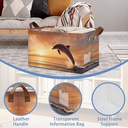 Dolphin Ocean Storage Basket,Sunset Collapsible Storage Bin Cubes for Living Room Bedroom Blankets Home Storage 17x11.5x10Inch