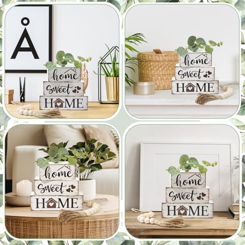 5 Pcs Farmhouse Wooden Table Decor Rustic Tiered Tray Decor Neutral Block Sign Centerpiece with Bead Garland Faux Eucalyptus Leaves for Home Sweet Kitchen Entryway Living Room Shelves