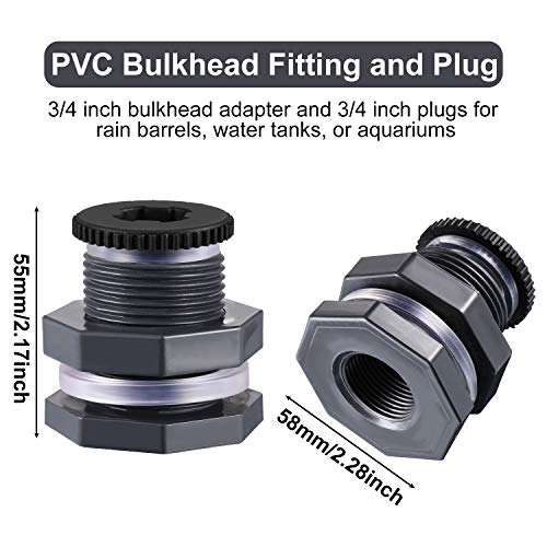 Outus 2 Pieces PVC Bulkhead Fitting with Plugs for Rain Barrels, Aquariums, Water Tanks, Tubs, Pools (3/4 Inch+4 mm Thick Silicon Seal Gaskett,Dark Grey)