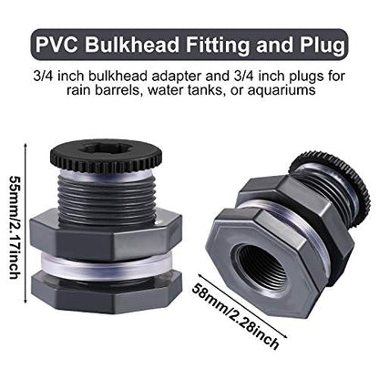 Outus 2 Pieces PVC Bulkhead Fitting with Plugs for Rain Barrels, Aquariums, Water Tanks, Tubs, Pools (3/4 Inch+4 mm Thick Silicon Seal Gaskett,Dark Grey)
