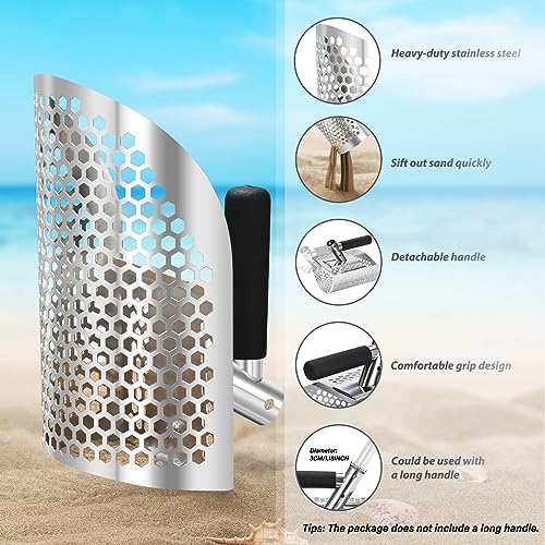 Sand Scoop for Metal Detecting, Heavy Duty Metal Detector Beach Finds Scoop, Stainless Steel Metal Detecting Tool Digging Shovel Fast Sifting Stainless Steel Shovel