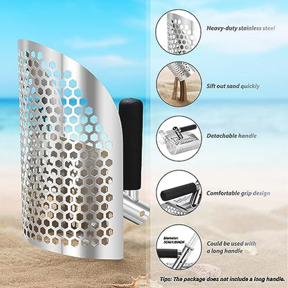 Sand Scoop for Metal Detecting, Heavy Duty Metal Detector Beach Finds Scoop, Stainless Steel Metal Detecting Tool Digging Shovel Fast Sifting Stainless Steel Shovel