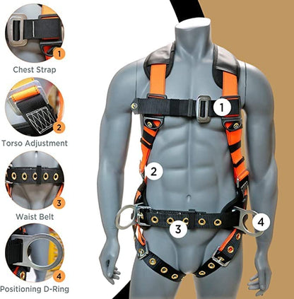AFP Demon Comfortable Fall Protection Harness Kit – OSHA/ANSI PPE Full Body Safety Harness for Construction Work - size: Large-Extra Large, style: Harness + Single Leg Snap Hook