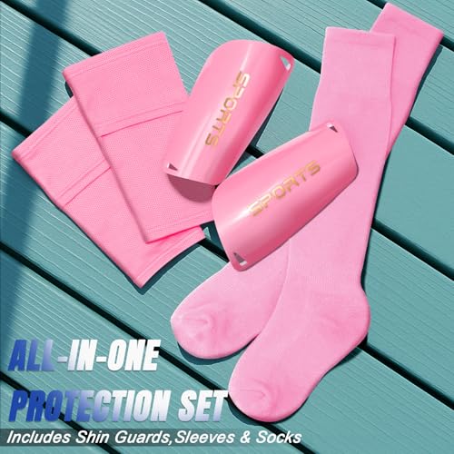 XZQTIVE Soccer Shin Guards with Shin Sleeves and Soccer Socks, Football Shin Pads Set for Kids Youth and Adult - color: light pink, size: L(Youth/Adult)