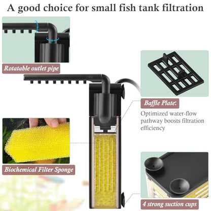 3W Internal Aquarium Filter,Submersible Fish Tank Filter with 66GPH Water Pump for Upto 10 Gallon Small Fish Tanks,Quiet Filter with Rainwater Areator System