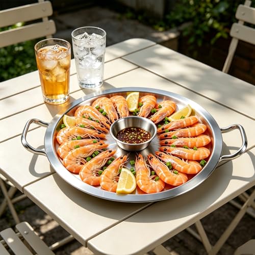 2 Set 12 Inch Chilled Serving Trays for Parties, Shrimp Cocktail Serving Dish with Ice Tray, Stainless Steel Chilled Party Platter, Cooling Charcuterie Serving Board for Fruits Veggies Buffet Parties