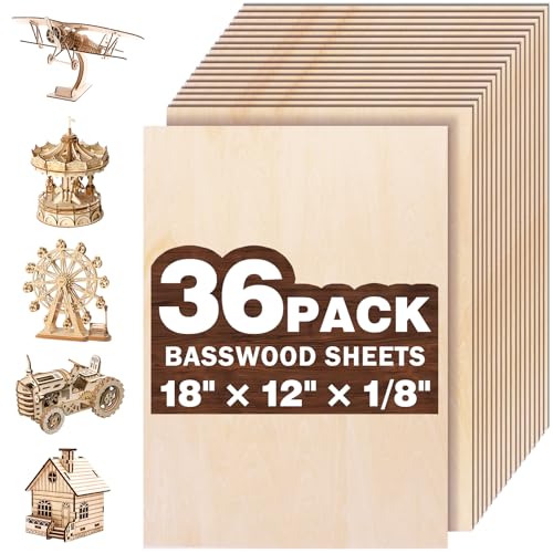 36 Pack Basswood Sheets for Crafts,18"x12"x1/8" 3mm Thick Plywood Sheets with Smooth Surfaces-Unfinished Squares Wood Boards for Laser Cutting, Wood Burning, Architectural Models, Staining - size: 36 Pack -18X12X1/8 Inch