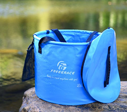 Freegrace Collapsible Bucket with Mesh Tool Pocket - 10L, 16L & 23L Portable Folding Water Container - Heavy Duty 500D Tarpaulin, BPA-Free Wash Basin for Camping, Fishing, RV, and Car Washing