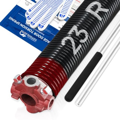 Right Hand Wind（Red Cone）2" Garage Door Torsion Spring with Non-Slip Winding Bars & Gloves, High Precision Electrophoresis Black Coated, for Replacement, MIN 16,000 Cycles (0.225x2''x23'') - size: 0.225X2"X23"-R