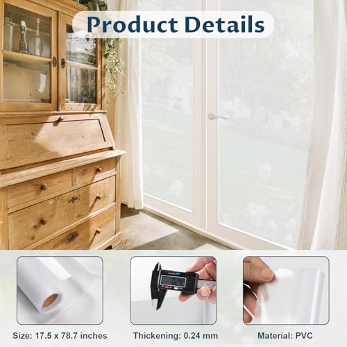 Amrules Frosted Window Privacy Film Non-Adhesive Sun Blocking Reusable and Removable Glass Film Door Coverings for Bathroom, Home, Office, 17.5 x 78.7 Inch