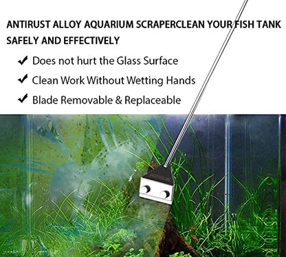 Aquarium Scraper, 25.6" Stainless Steel Scraper Cleaning Razor with 10 Blades for Glass Aquarium Fish Tank