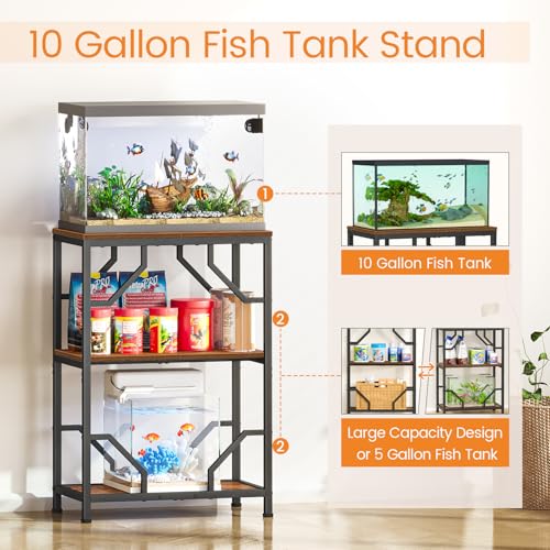 Snughome 10 Gallon Aquarium Stand, Fish Tank Stand with 3 Tier Storage, Heavy Duty Metal Terrarium Stand for Home Office, 21.26" x 11.81" x 30.51", Rustic Brown