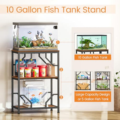 Snughome 10 Gallon Aquarium Stand, Fish Tank Stand with 3 Tier Storage, Heavy Duty Metal Terrarium Stand for Home Office, 21.26" x 11.81" x 30.51", Rustic Brown