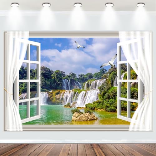 Fabric 7x5ft Waterfall Scenery Backdrop Outside Window View Spring Natural Landscape Photography Background Mountain Forest Birds Wallpaper Artistic Portraits Photo Studio Props