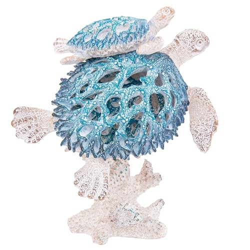 Coastal Sea Turtle Figurine Mama and Baby Swimming on Coral Reef Base Coastal Tabletop Decor Nautical Room Accents - color: Icy Aqua