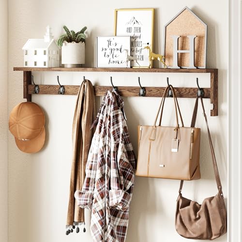 AMBIRD Coat Rack Wall Mount, 35 Inch Extra Long Wall Hooks with Hanging, Wooden Shelf with 7 Metal Hooks 2 Side Hooks, Wall Key Holder with Shelf in Entryway, Kitchen, Bathroom, Living Room, Bedroom - color: Brown, size: 7+2 Hooks 35" L