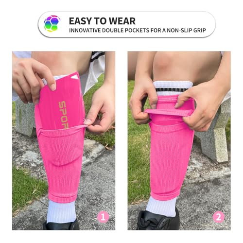 Toddler Kids Youth Soccer Shin Guards with Sleeves for Ages 3-15 - color: Pink, size: L ( 4'6" - 5'6" Tall )