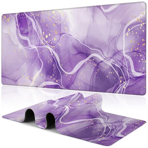 Watercolor Purple Marble Desk Mat,Large Violet Marble Texture Gaming Keyboard Mouse Pad,Non-Slip Rubber Base Desk Pad Thick Stitched Edges Waterproof Mousepad Mouse Mat 31.5"x11.8" - color: Watercolor Purple Marble