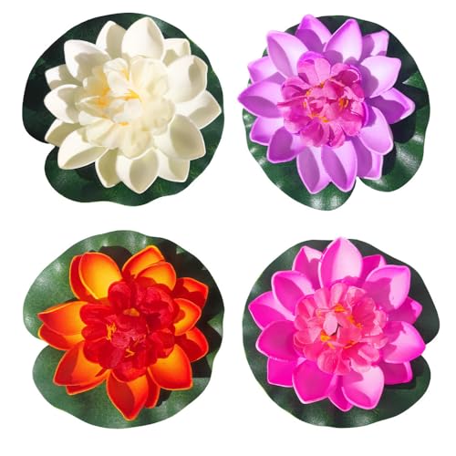 4pcs Artificial Lotus Flowers Water Lilies for Pond Pool, Realistic Floating Foam Lotus Flowers with Lily Pads for Ponds, 4" Lifelike Water Lilies for Fountain Garden Pond Decoration