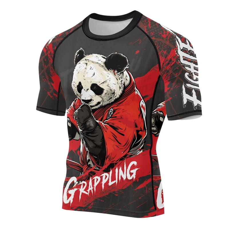 Panda Fighter Men's Short Sleeve Compression Rash Guard MMA Jiu Jitsu BJJ Grappling Base Layer Combat Shirt - color: V2, size: X-Small
