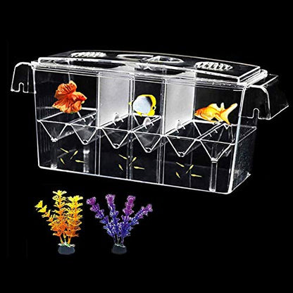 Fish Breeding Box, 3 Rooms HD Aquarium Breeder Box with Suction Cups Hatchery Acrylic Fish Incubator Isolation with Artificial Plant for Guppy Hatchery - size: 3 Rooms