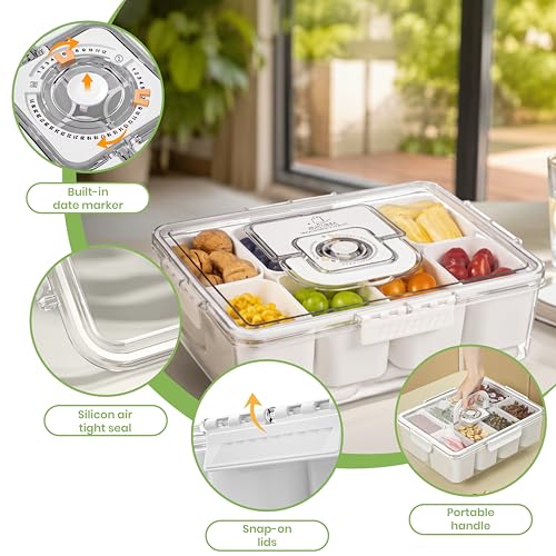 Portable Snackle Box Container with Ice Pack – 8-Compartment Snack Tray with Lid, Divided Serving Tray & Drain Trays, Ideal Charcuterie Snack Cooler for Picnic, Travel & Parties