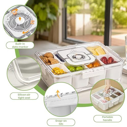 Portable Snackle Box Container with Ice Pack – 8-Compartment Snack Tray with Lid, Divided Serving Tray & Drain Trays, Ideal Charcuterie Snack Cooler for Picnic, Travel & Parties