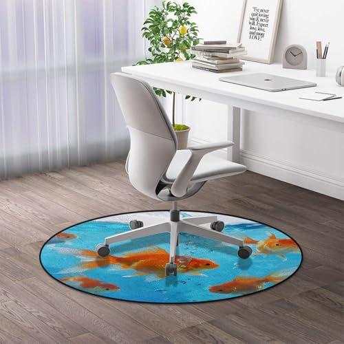 Aquarium Round Office & Gaming Chair Mat, GoldenFish WaterScene Anti-Slip Hardwood & Carpeted Floor Protector,Protect The Floor from Scratches, Orange Gold Blue Diameter 39.4 in