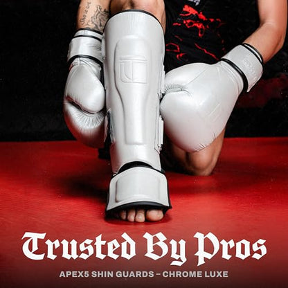 Tigear APEX5 Shin Guards – Chrome Luxe | Muay Thai, MMA, Kickboxing & Sparring | 100% Buffalo Leather