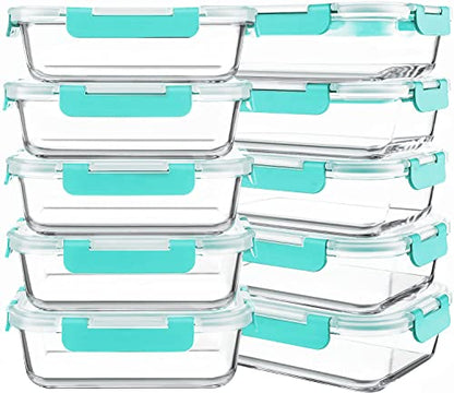 10 Packs 30 oz Glass Meal Prep Containers,Glass Food Storage Containers with Lids,Airtight Lunch Bento Boxes, Microwave, Oven, Freezer and Dishwasher,Green