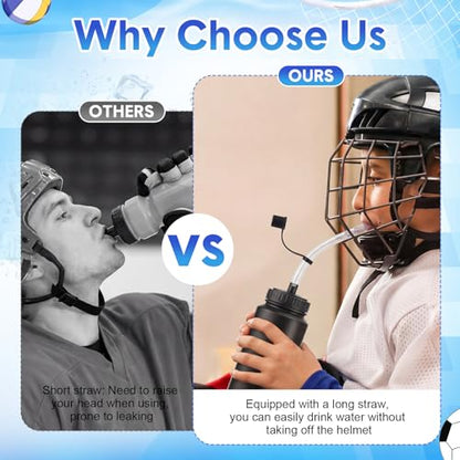 8 Pack Hockey Water Bottles 1 Liter Easy Squeeze Plastic 34 oz Sports Water Bottles with Long Straws for Hockey, Lacrosse, Football, Soccer, Baseball, Gym Sports Helmets (Black) - color: Black