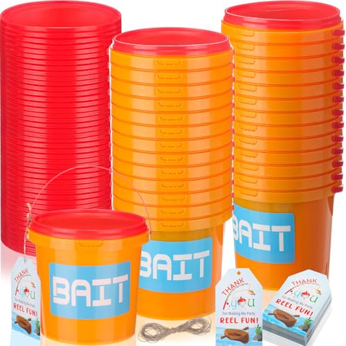 24 Sets Fishing Party Favors Small Fish Bait Bucket 1.2l Candy Bucket with Lids and Thank You Cards for Making My Reel Fun Fishing Theme Birthday Party Decorations