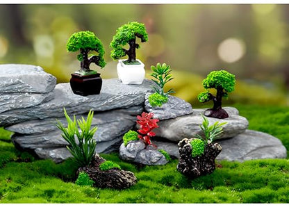 4Pcs Miniature Artificial Stone Rocks and Trees with Plants – Decorative Landscape Ornaments for Fairy Garden Accessories, Aquarium Decorations, Glass Dome Displays, DIY Craft Projects, Tabletop Décor