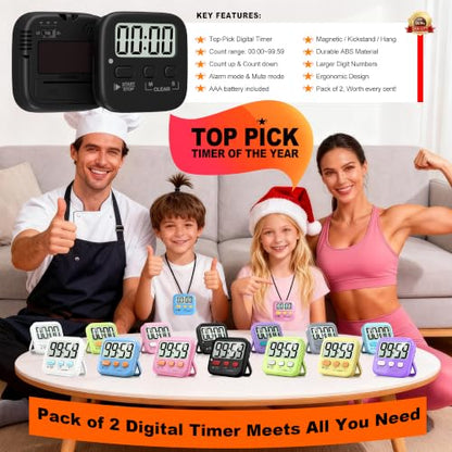 Antonki 2 Pack Digital Timer for Kids Classroom Kitchen Timers for Cooking - color: Rich Black *2
